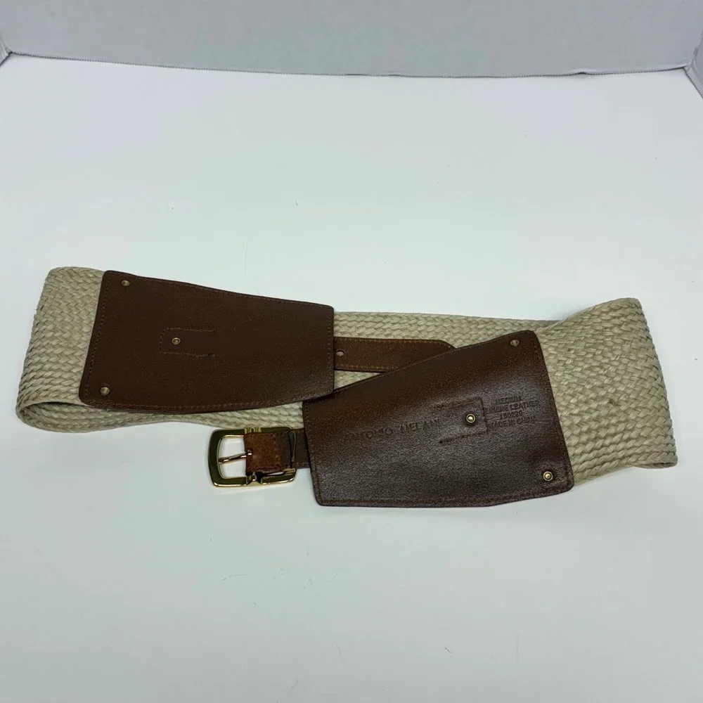 Antonio Melani Wide Waist Cincher Belt Womens M Brown Leather Woven Raffia Straw